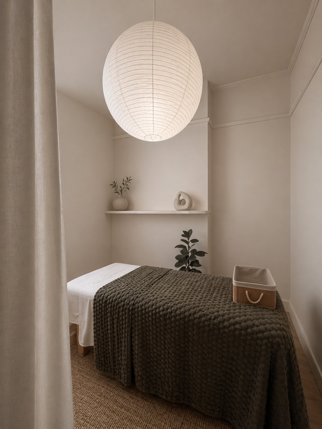 Single treatment room with olive textured blanket, wall shelf with plants and ceramic object, paper-lantern pendant and linen curtain