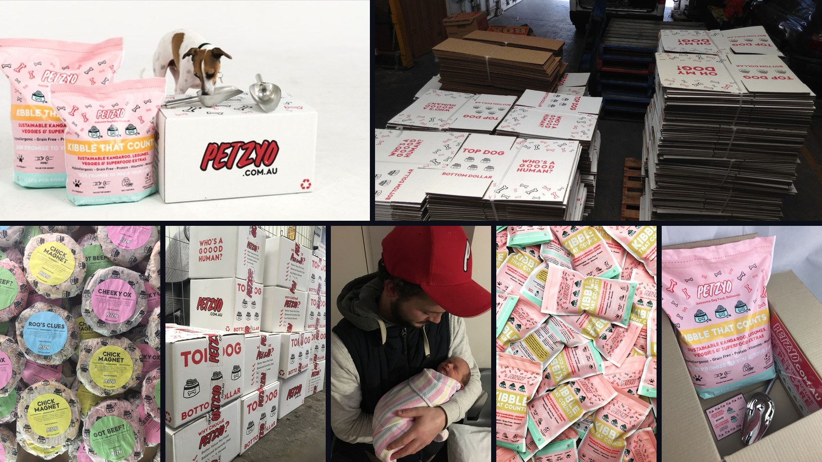 Petzyo collage — branded packaging, warehouse fulfilment, colourful raw-meal stickers, founder portrait, and the pink Kibble That Counts range