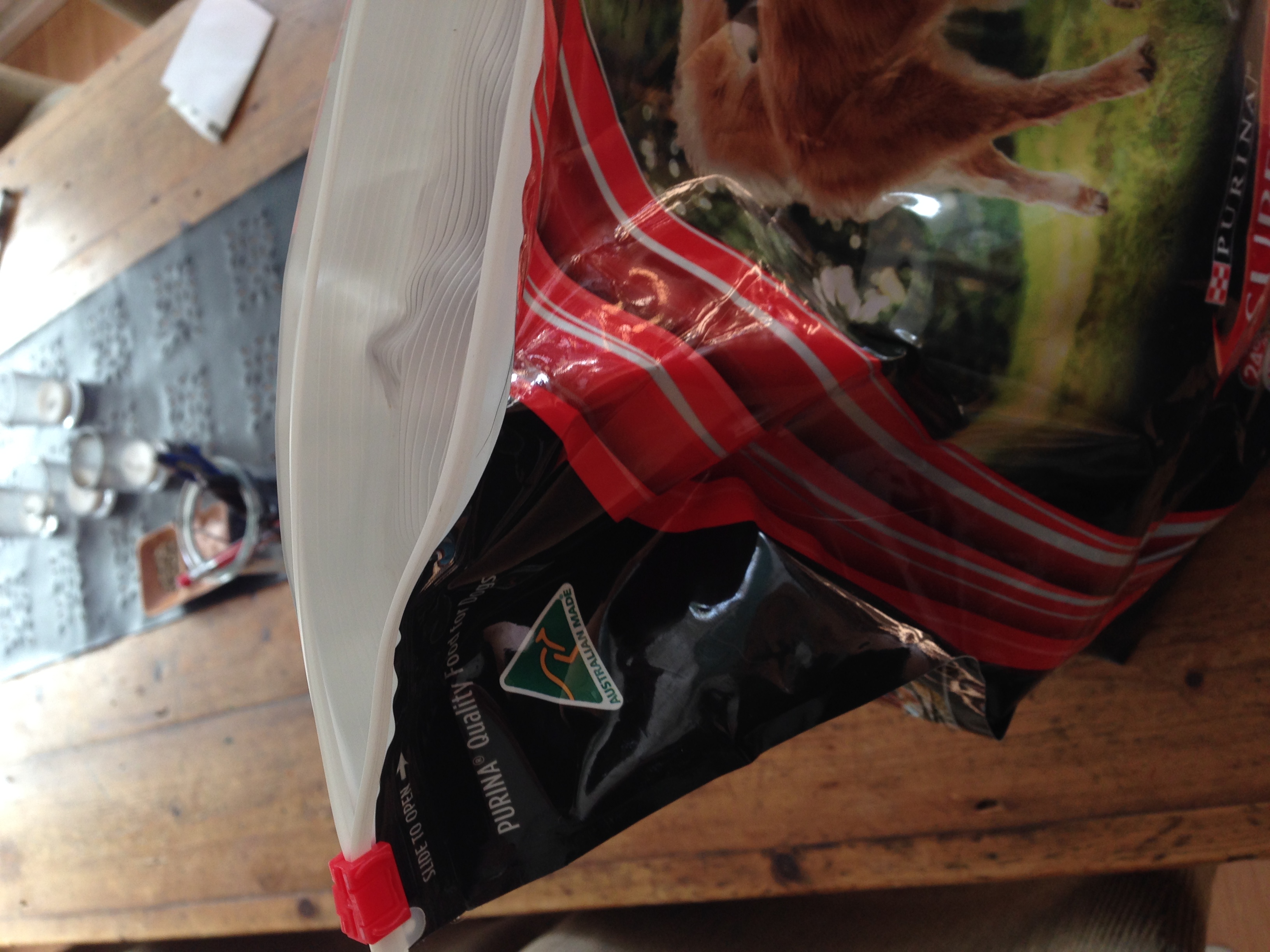 Purina bag zip closure and Australian Made badge