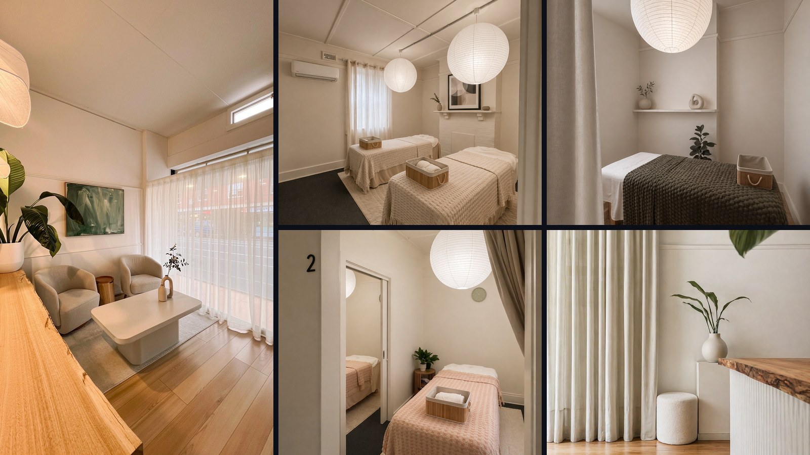 Santal Organic interior collage — reception with cream chairs, double treatment room with paper lanterns, single rooms in peach and olive, and a live-edge timber counter detail